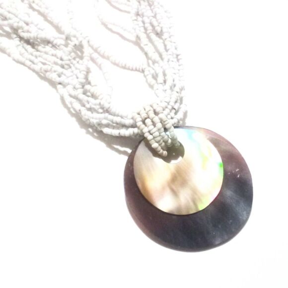 Boho Inspired White Seed Bead and Mother of Pearl Shell Pendant Necklace - Picture 3 of 5
